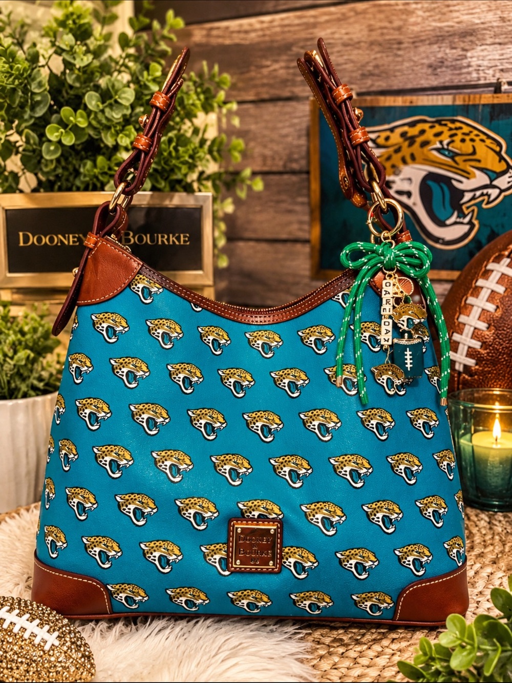 Dooney & Bourke Teal Jacksonville Jaguars Logo Shoulder Bag with Brown Trim